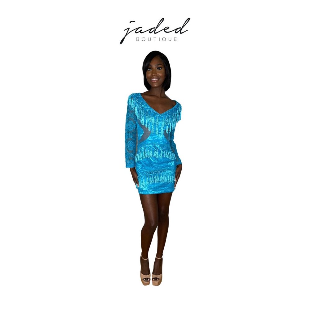Ble Long Sleeve Fringe Cocktail Dress